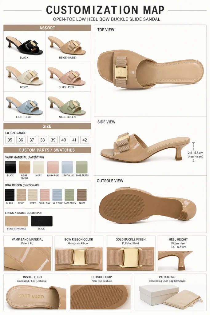 Bow Buckle Low Heel Slide Sandals ODM customization map