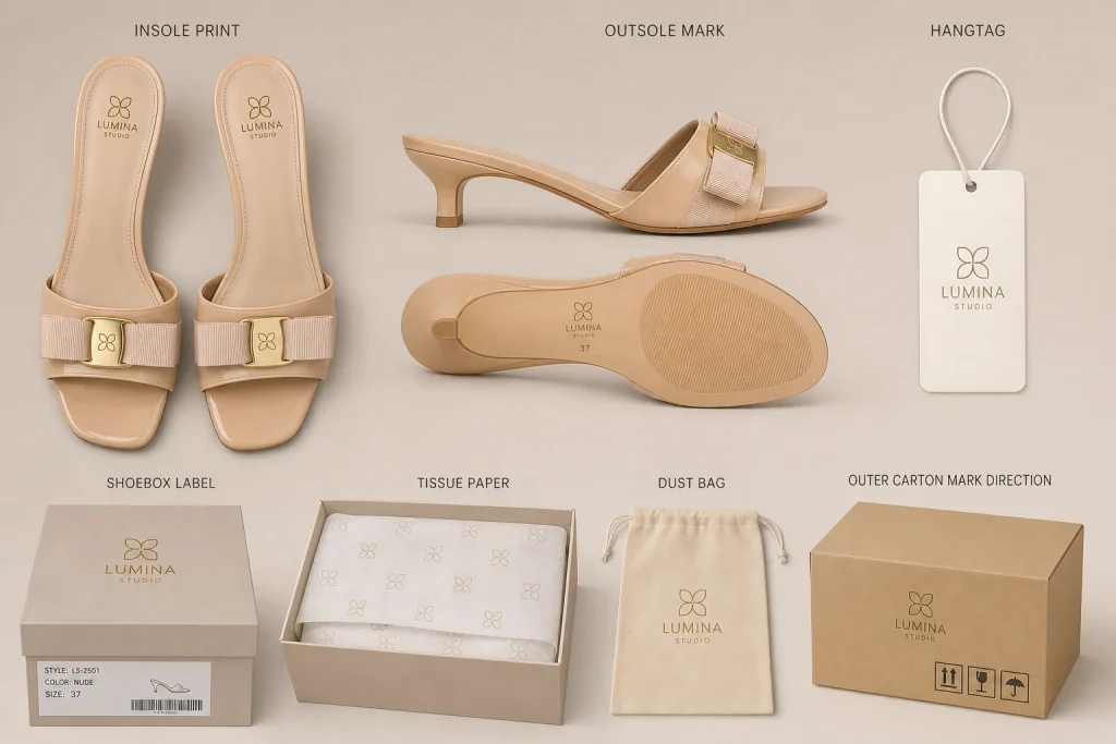 Bow Buckle Low Heel Slide Sandals branding and packaging