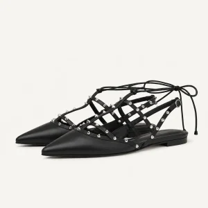 Pointed Toe Studded Lace-Up Flats Black AI Clean Side View