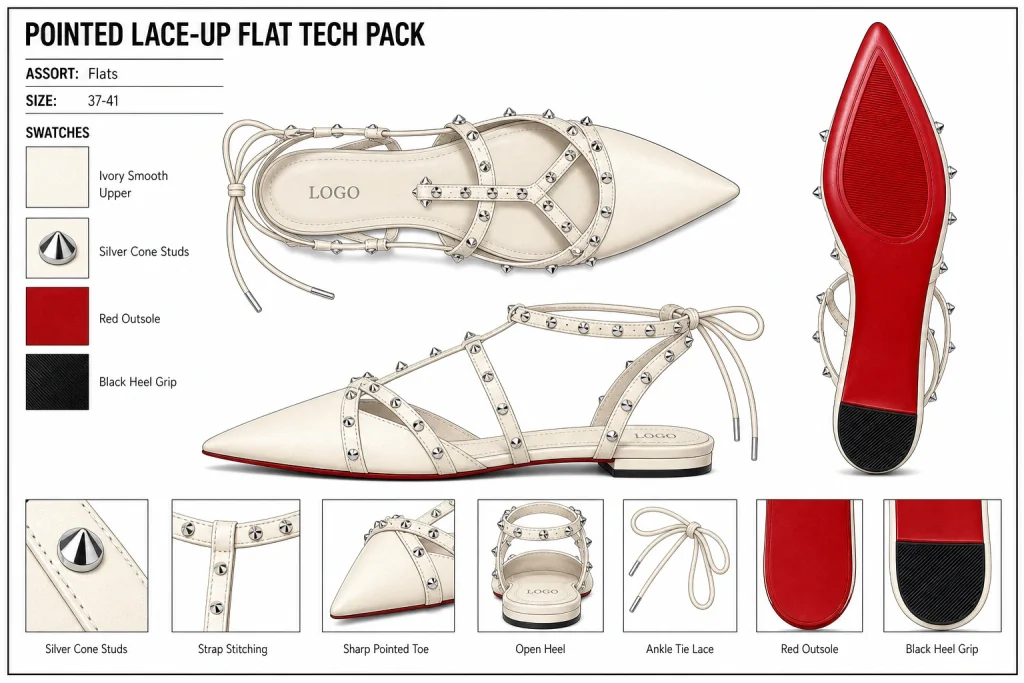 Pointed Toe Studded Lace-Up Flats ODM customization map
