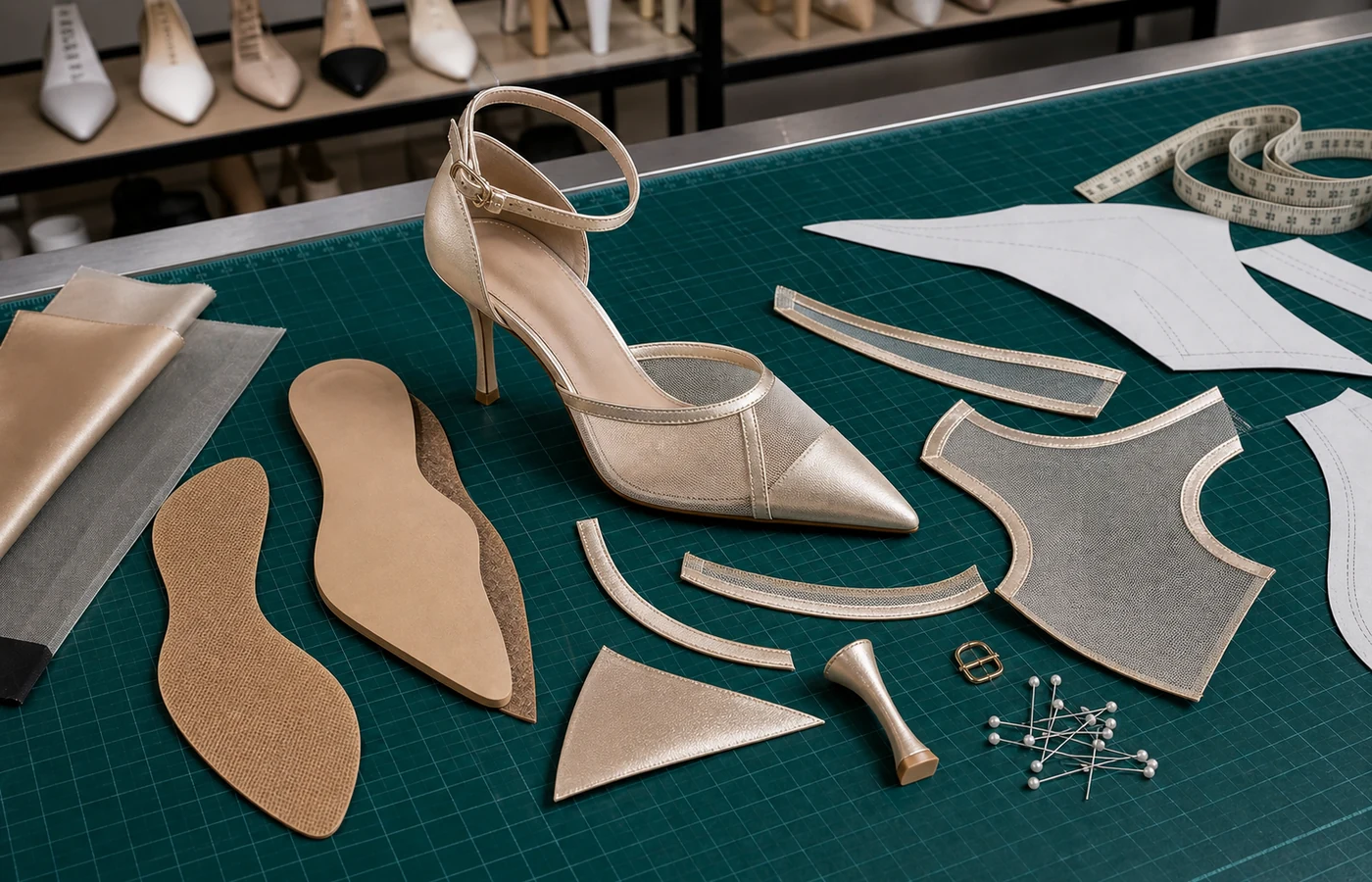 High heel factory sample development breakdown with mesh upper, heel, outsole, paper patterns and green cutting mat