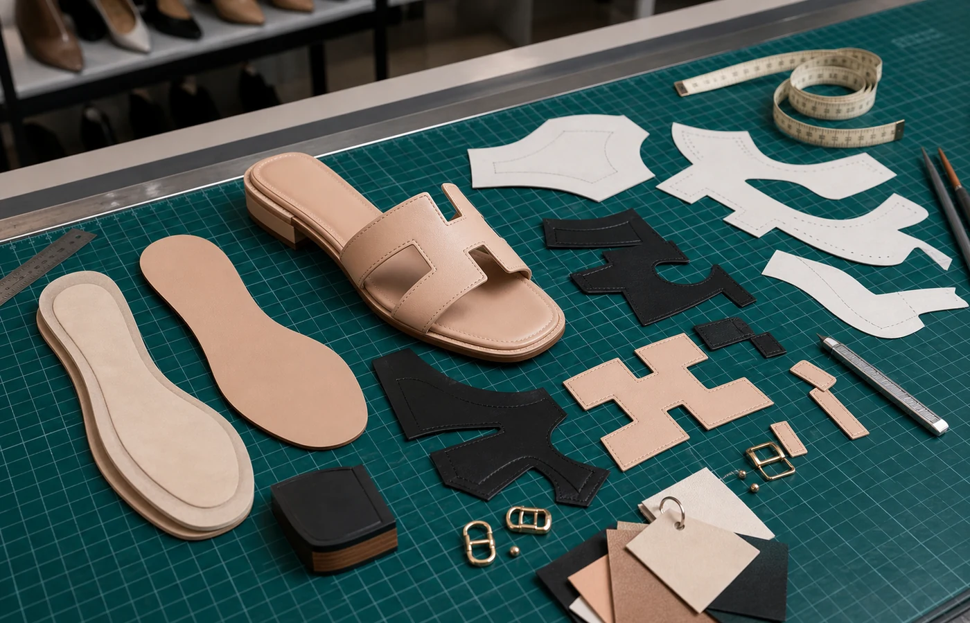Slipper factory sample development breakdown with H-style upper pieces, sole layers, hardware, paper patterns and green cutting mat
