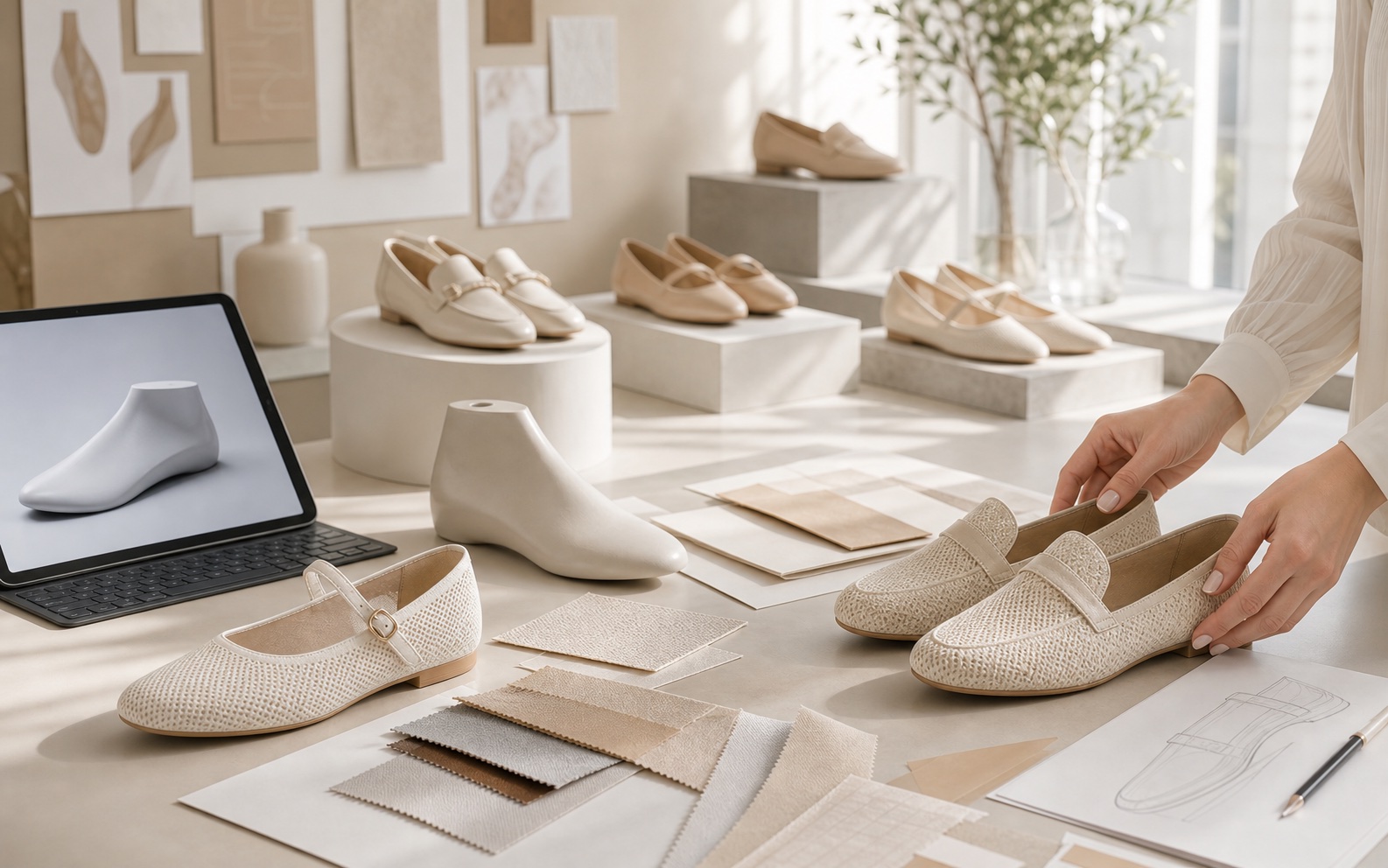 Premium footwear showroom with design samples and material boards