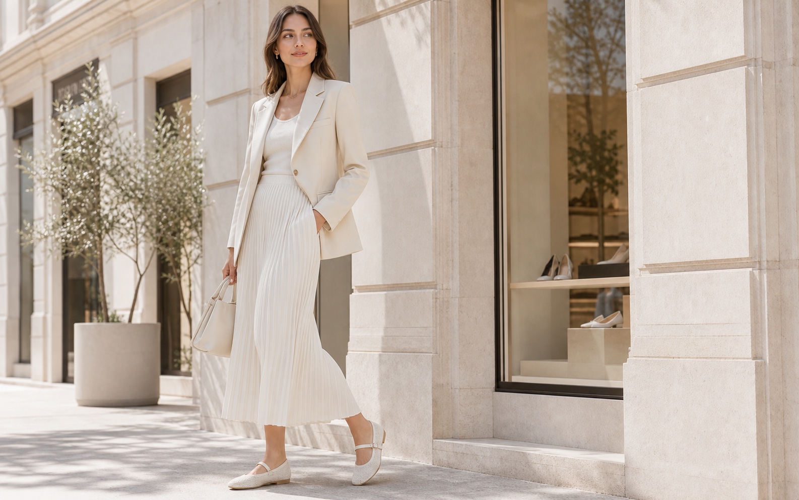 Fashionable woman wearing ivory flats outside a premium footwear boutique