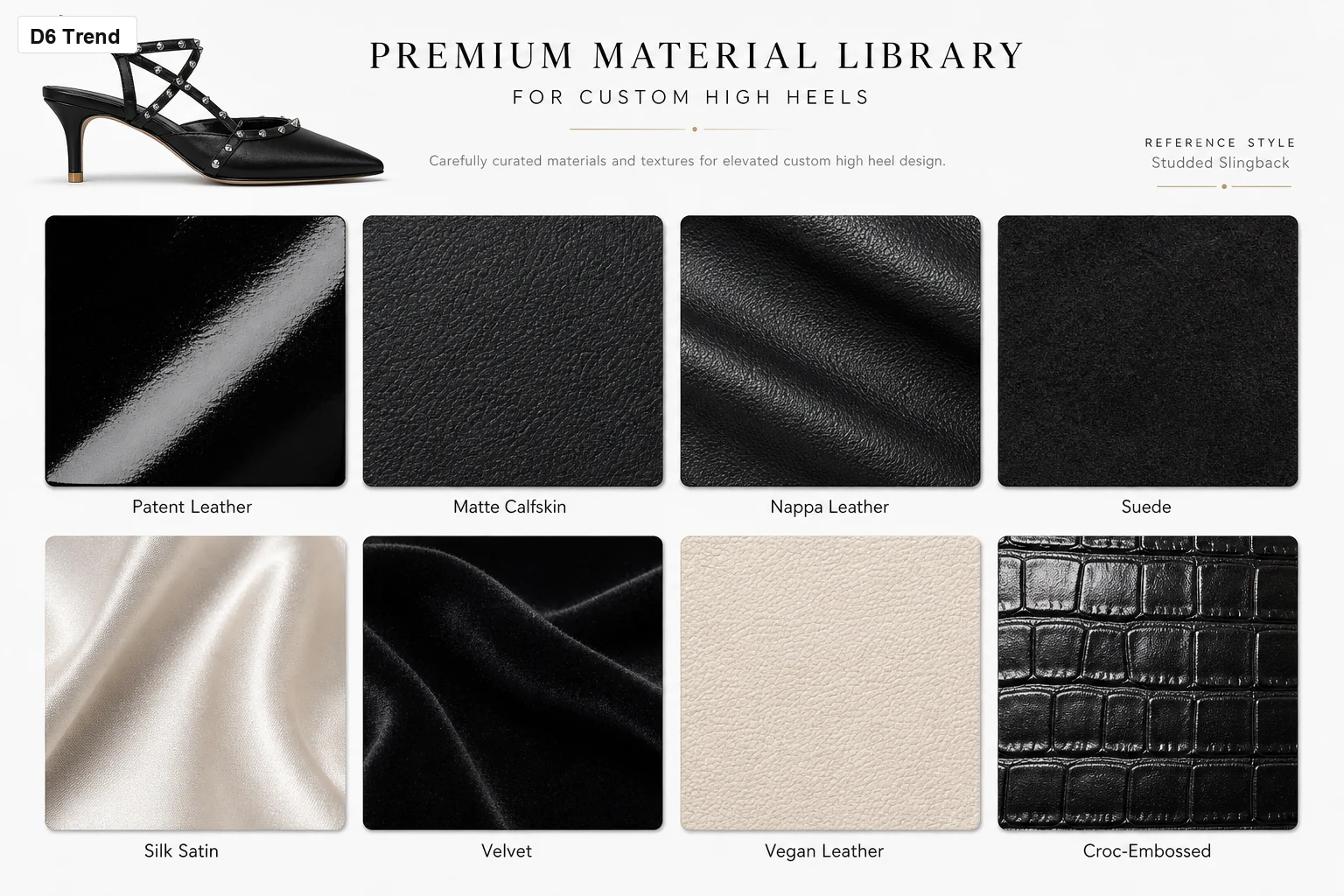 Premium material library for custom high heels including patent leather calfskin satin velvet and croc embossed textures