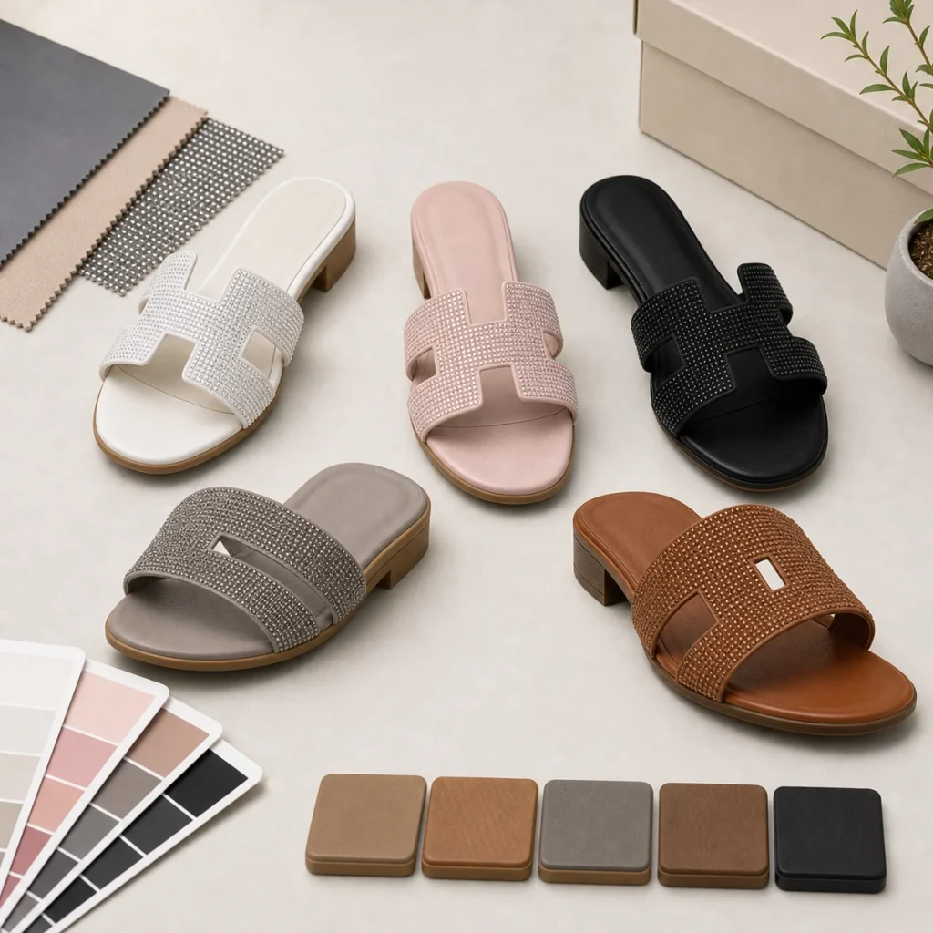 Crystal H-Strap Low Heel Slide Sandals