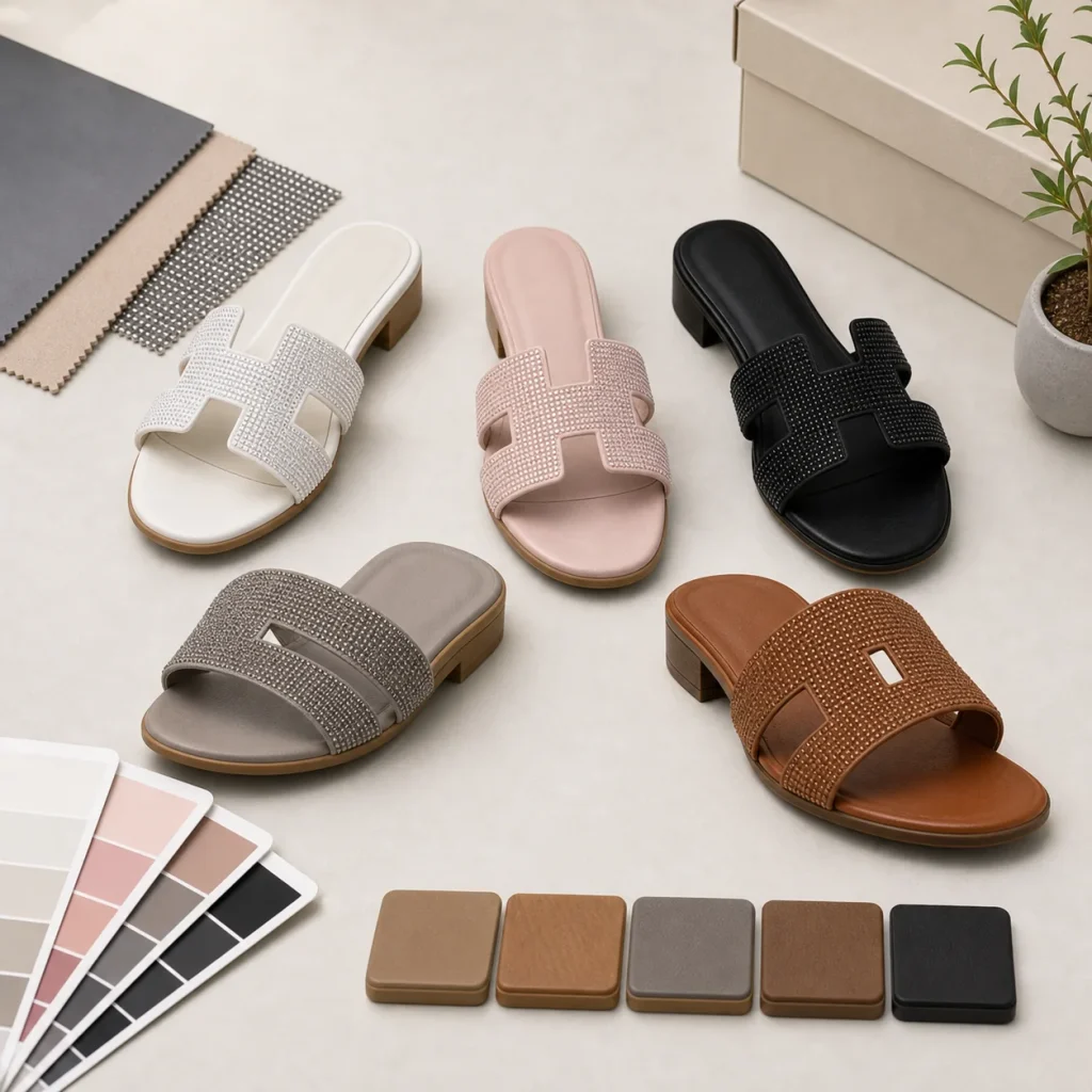 Crystal H-Strap Low Heel Slide Sandals color customization