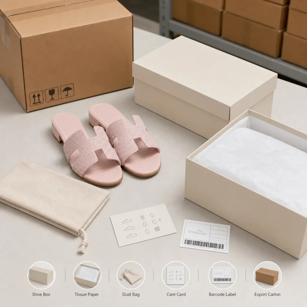 Crystal H-Strap Low Heel Slide Sandals branding and packaging