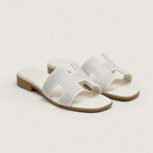White H-strap rhinestone slide sandal studio product image