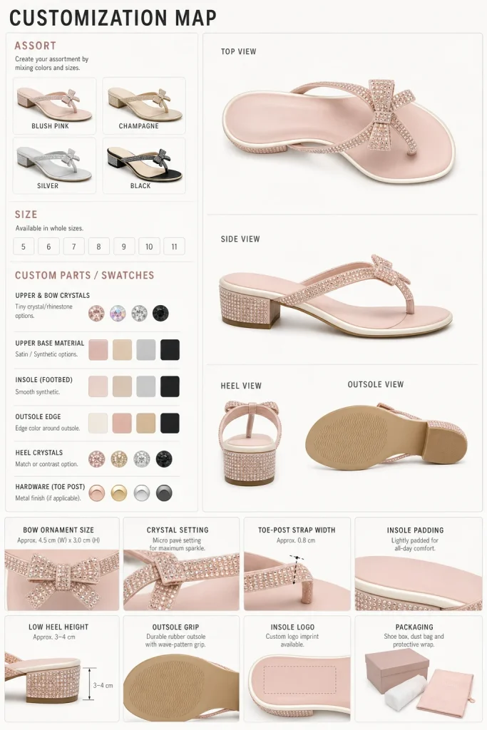 Crystal Bow Low Heel Thong Slides ODM customization map