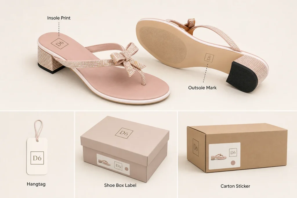 Crystal Bow Low Heel Thong Slides branding and packaging