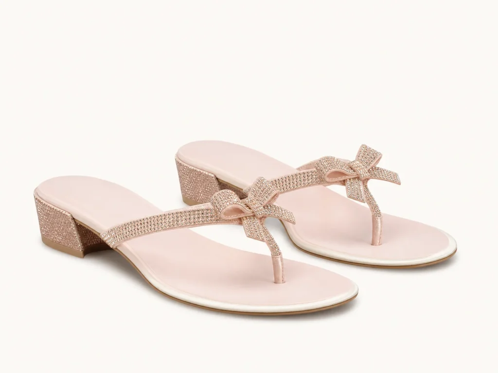 Crystal Bow Low Heel Thong Slides
