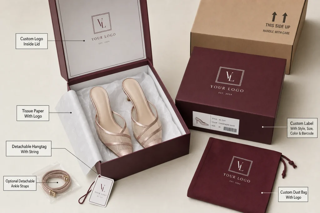 Sheer Mesh Pointed Toe Convertible Strap Heels branding and packaging