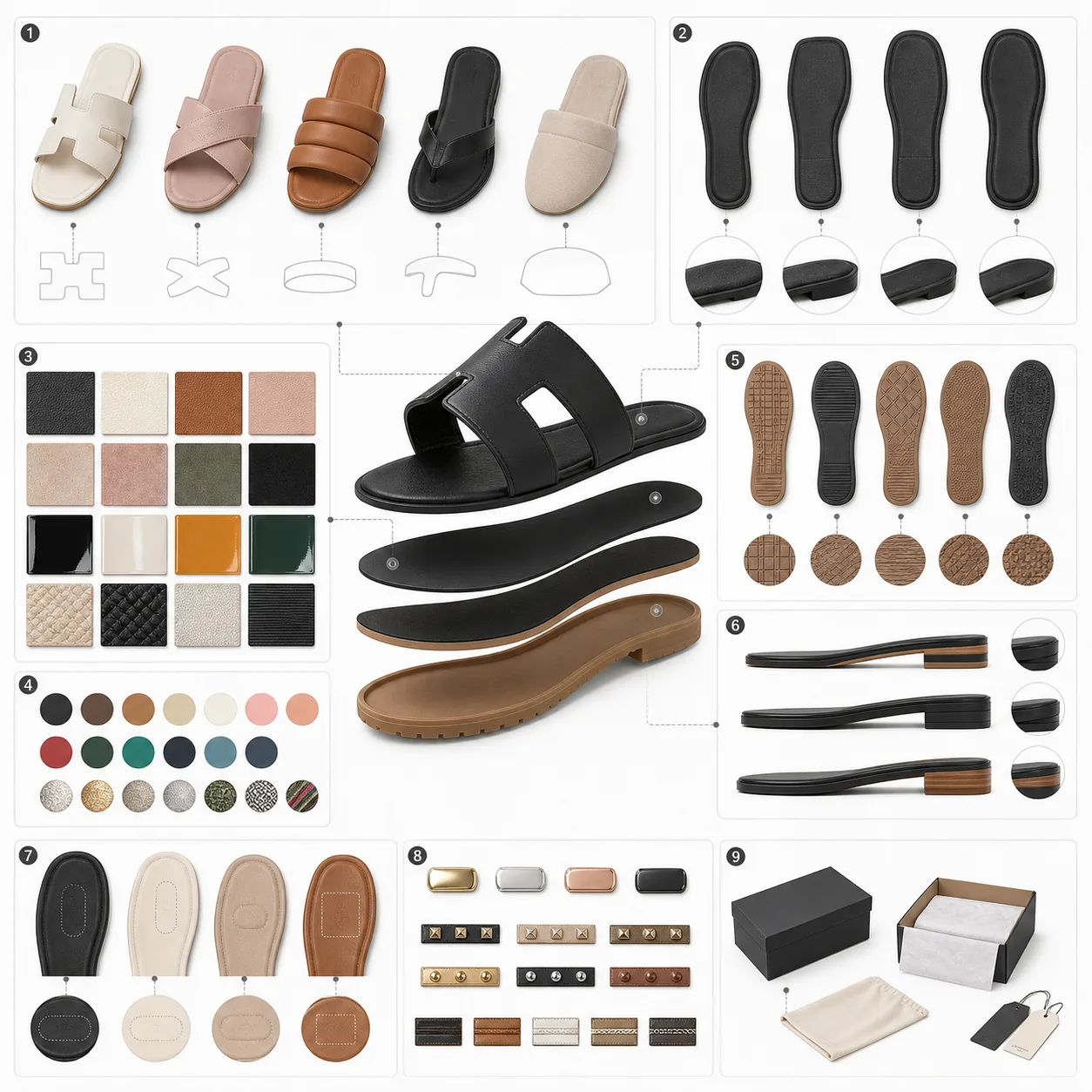 Custom slipper style collection including H slides cross band slides and padded slippers