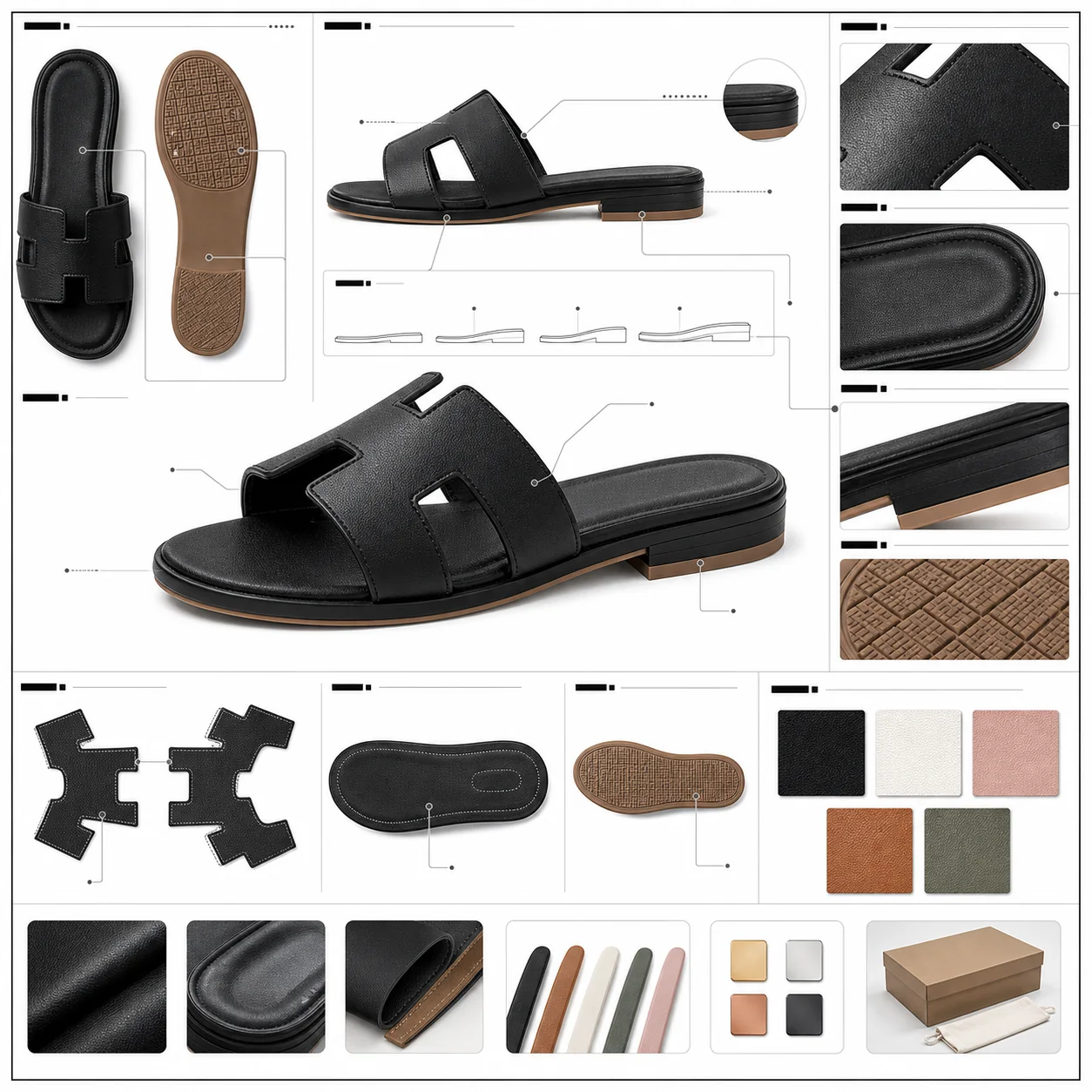Custom slipper technical specification sheet showing H slide upper structure outsole options color swatches and packaging