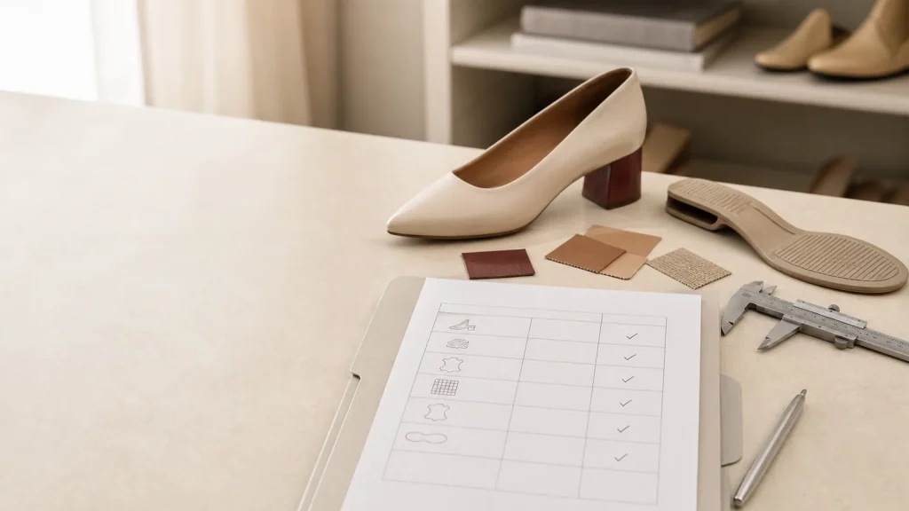 Women's footwear compliance review with material swatches, labels and traceability documents