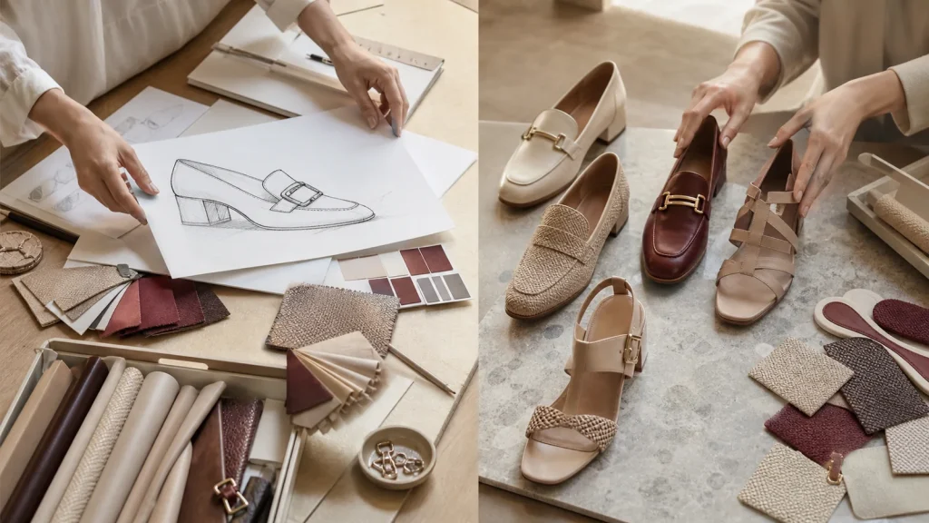 OEM versus ODM shoe development with tech pack, materials, components and a finished women's shoe