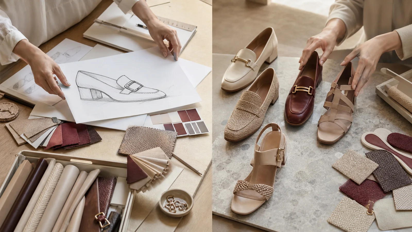 OEM versus ODM shoe development with tech pack, materials, components and a finished women's shoe