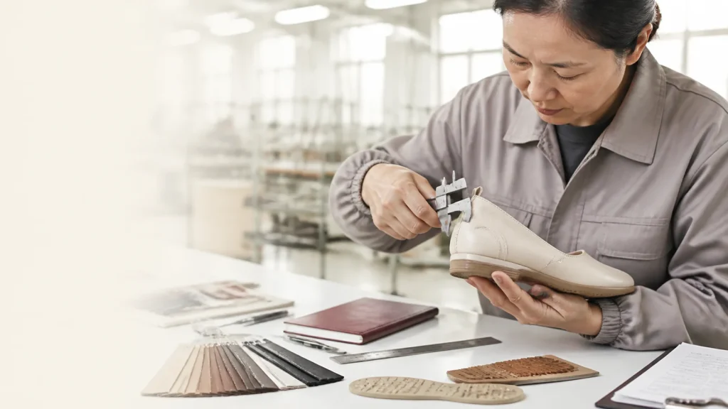 Footwear quality inspector measuring a women's shoe beside inspection tools and packaging