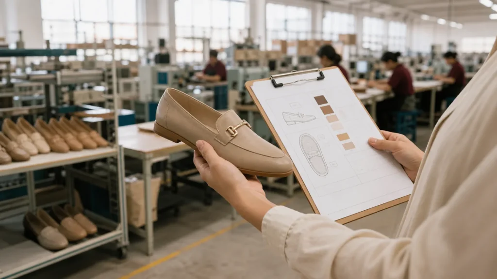 Auditor comparing a women's loafer with its specification during a shoe factory audit