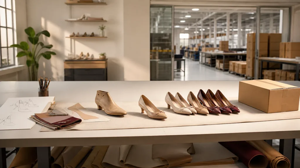 Shoe manufacturing stages from design and materials through samples, finished shoes and packing
