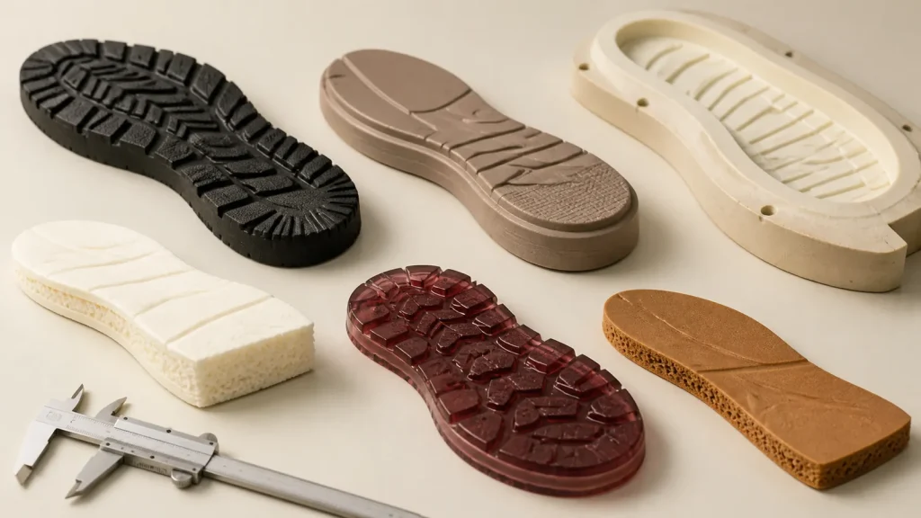 Rubber, TPR, EVA, TPU and PU shoe sole material samples arranged for comparison