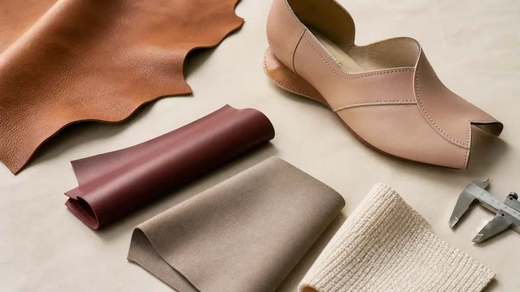 Leather, PU, microfiber and textile shoe upper swatches beside an unbranded footwear pattern