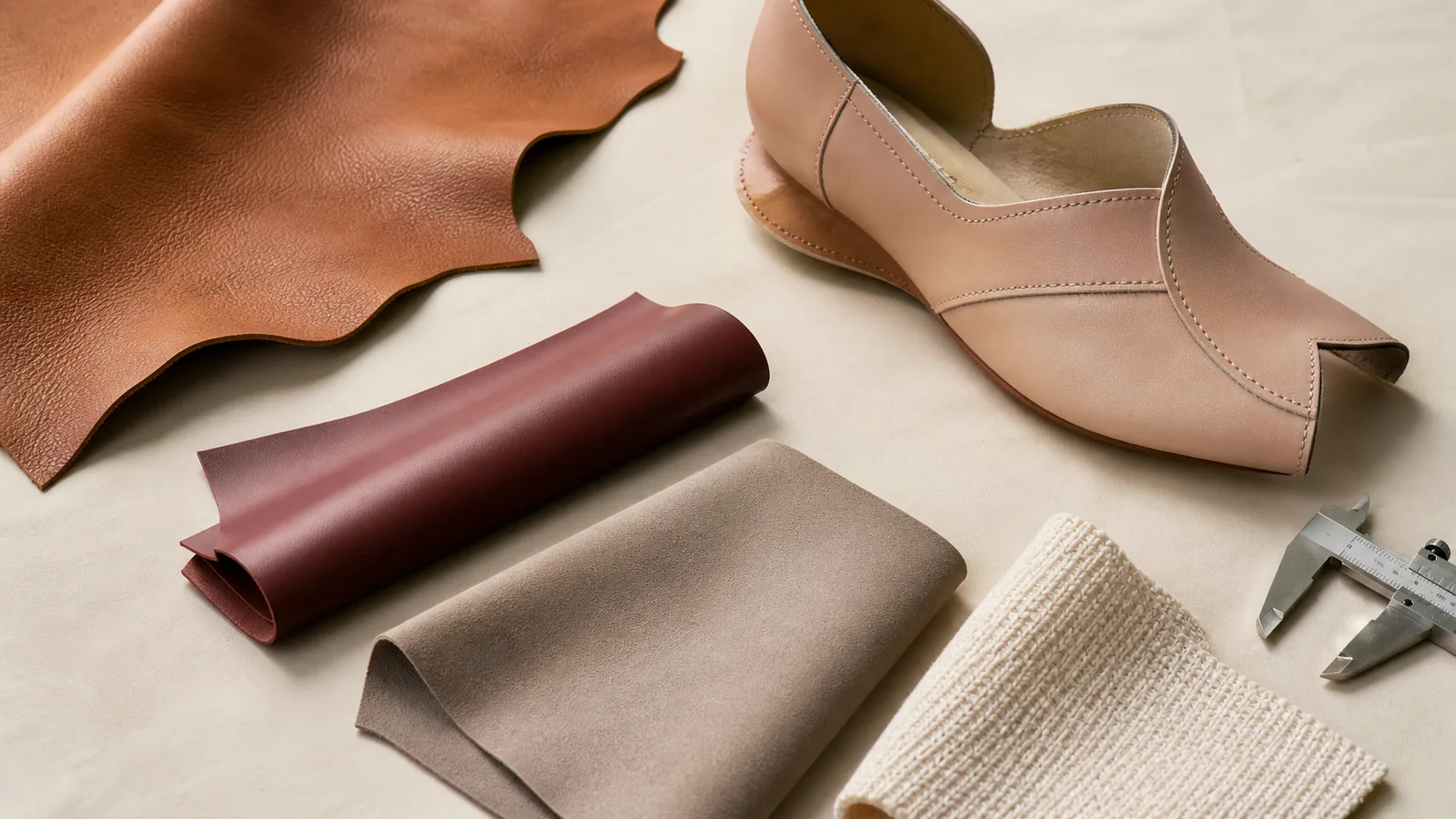 Leather, PU, microfiber and textile shoe upper swatches beside an unbranded footwear pattern
